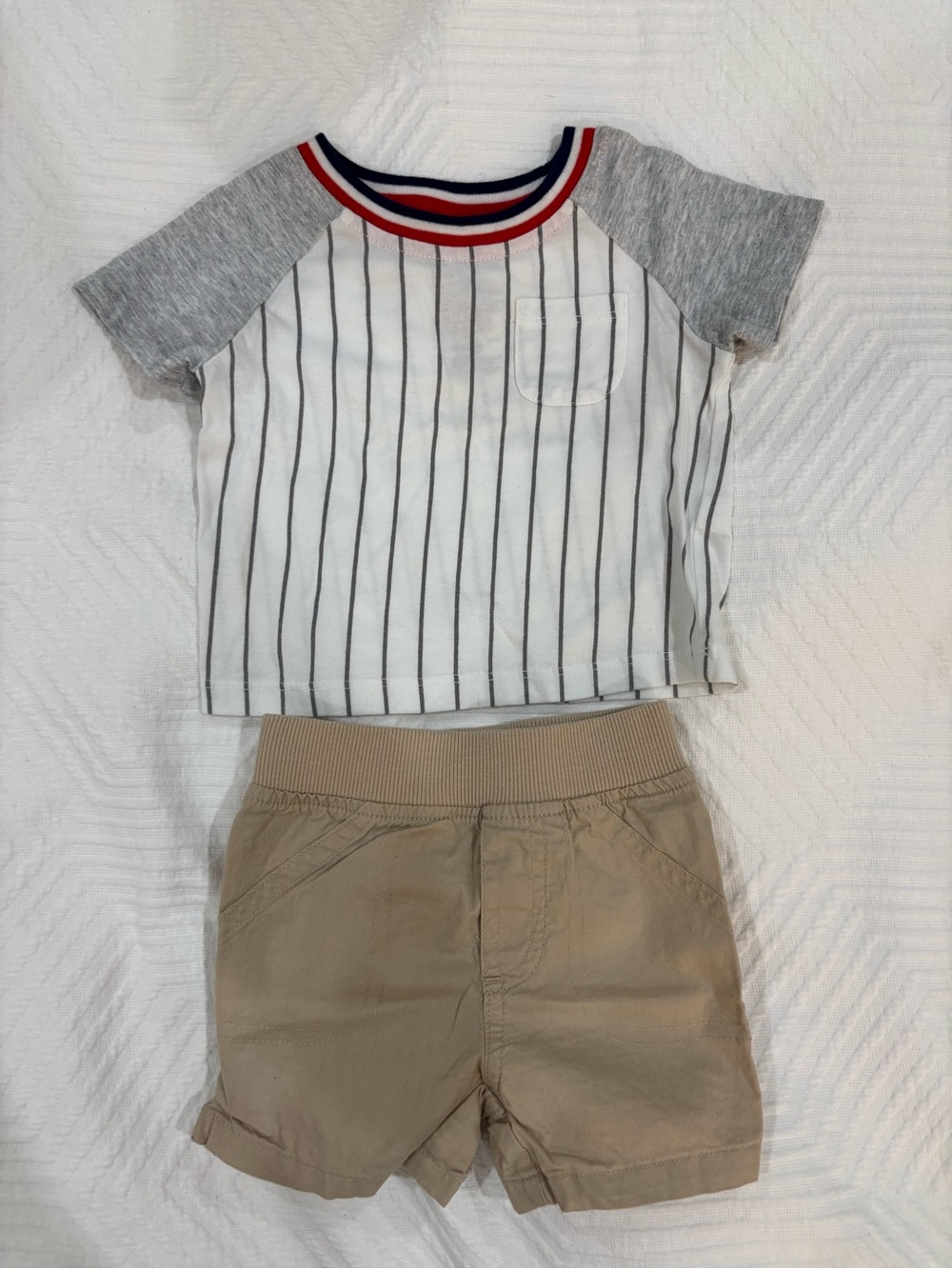 First Impressions White Pinstripe Tee and shorts